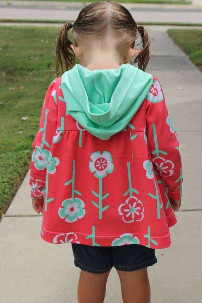 Girls hoodie sewing pattern with pixie hood by Love Notions