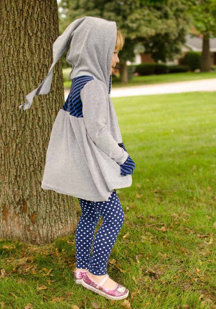 Girls hoodie sewing pattern with pixie hood by Love Notions
