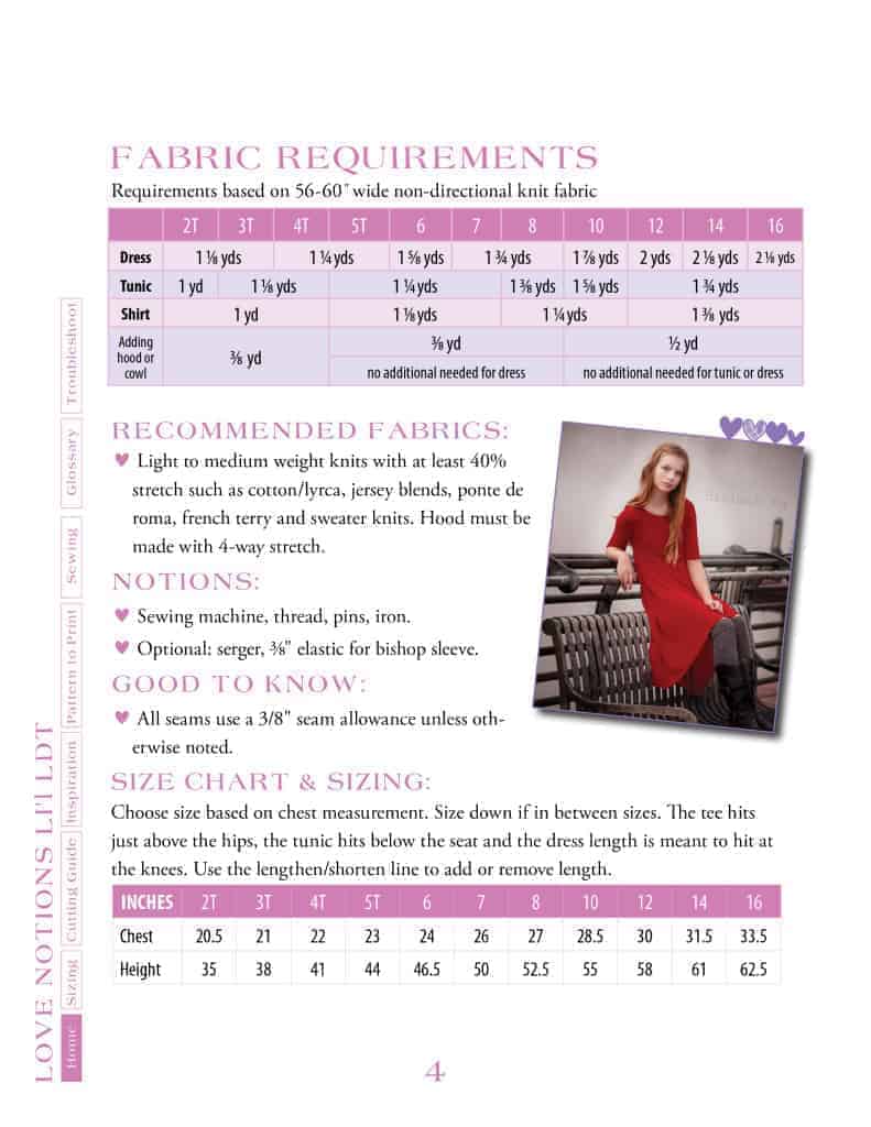 Fabric requirements and size chart