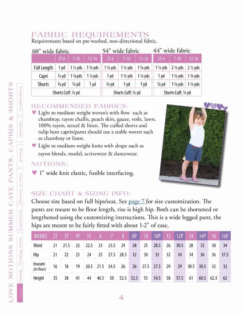 Summer Caye Girls fabric requirements & size chart