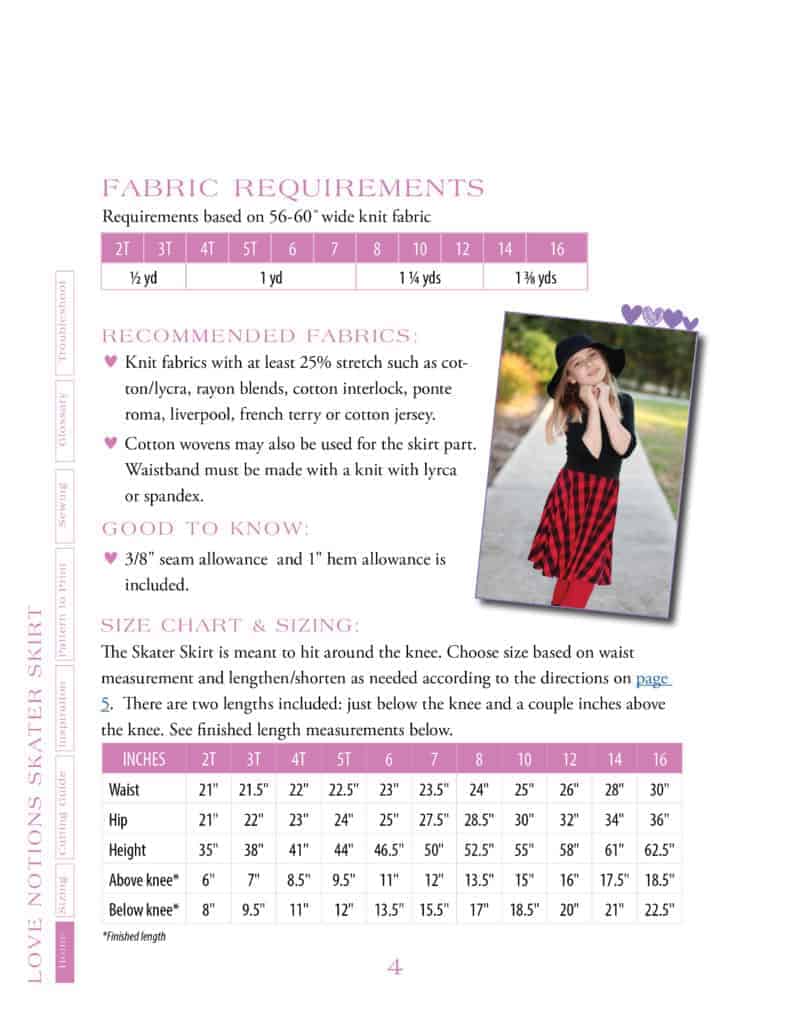 Skater Skirt size chart and fabric requirements