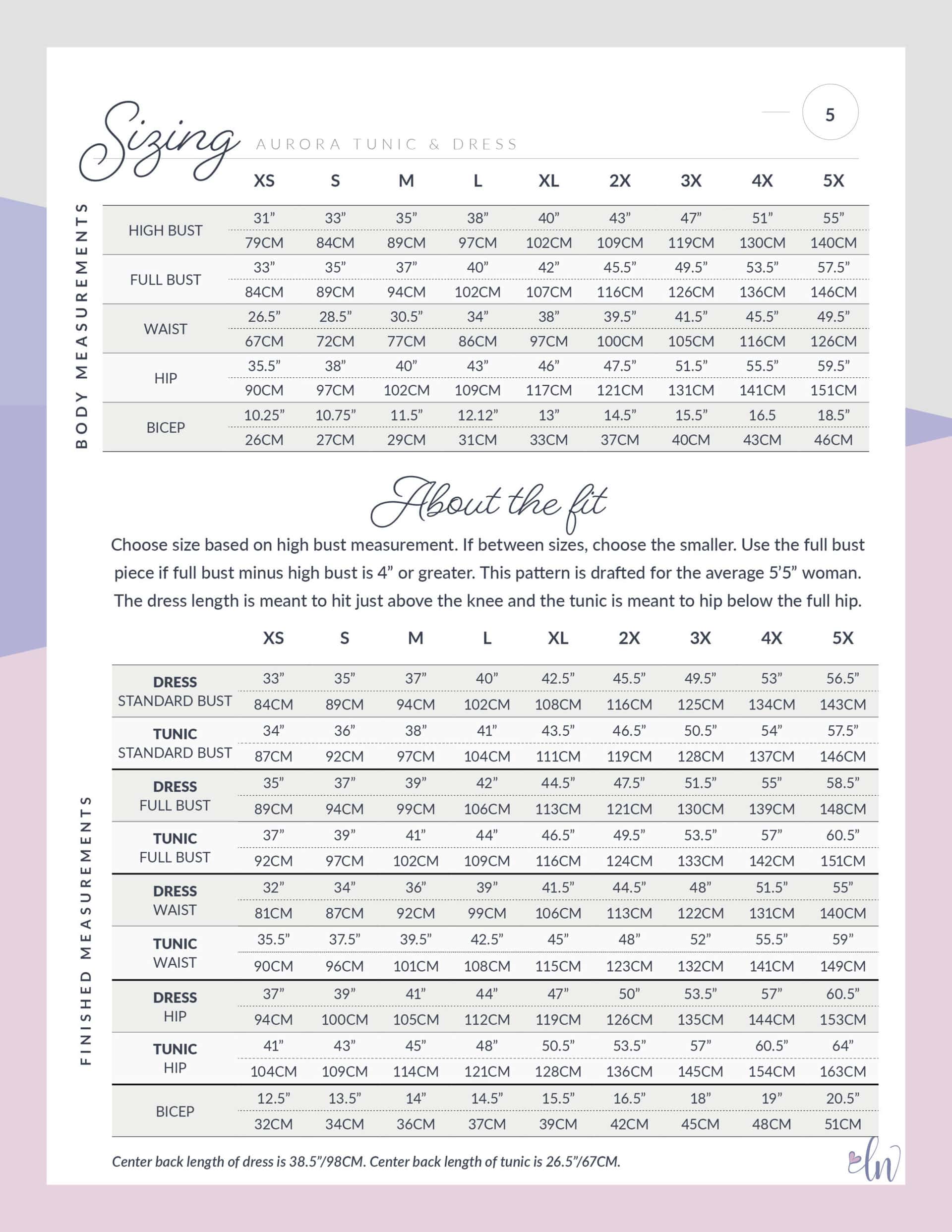 Aurora Tunic & Dress size chart