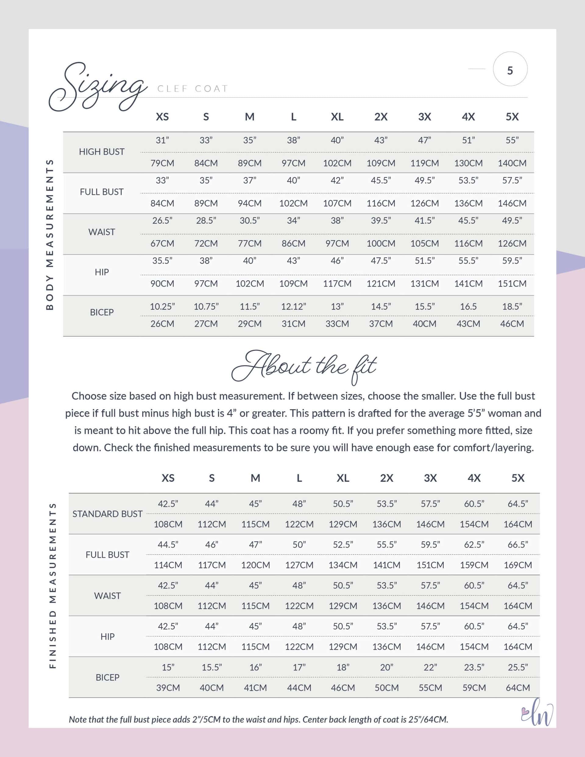 Clef Coat size chart