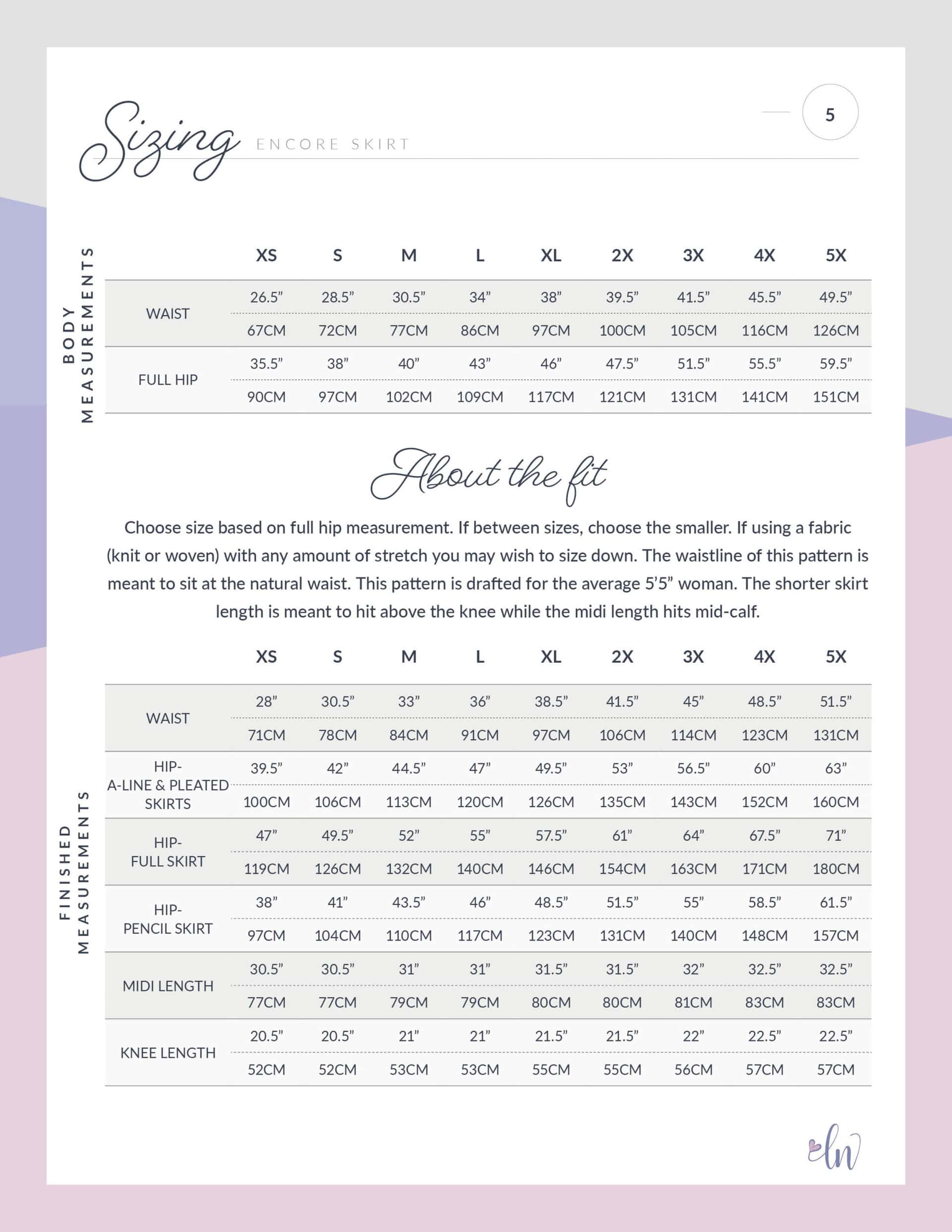 Encore Skirt pdf pattern size chart