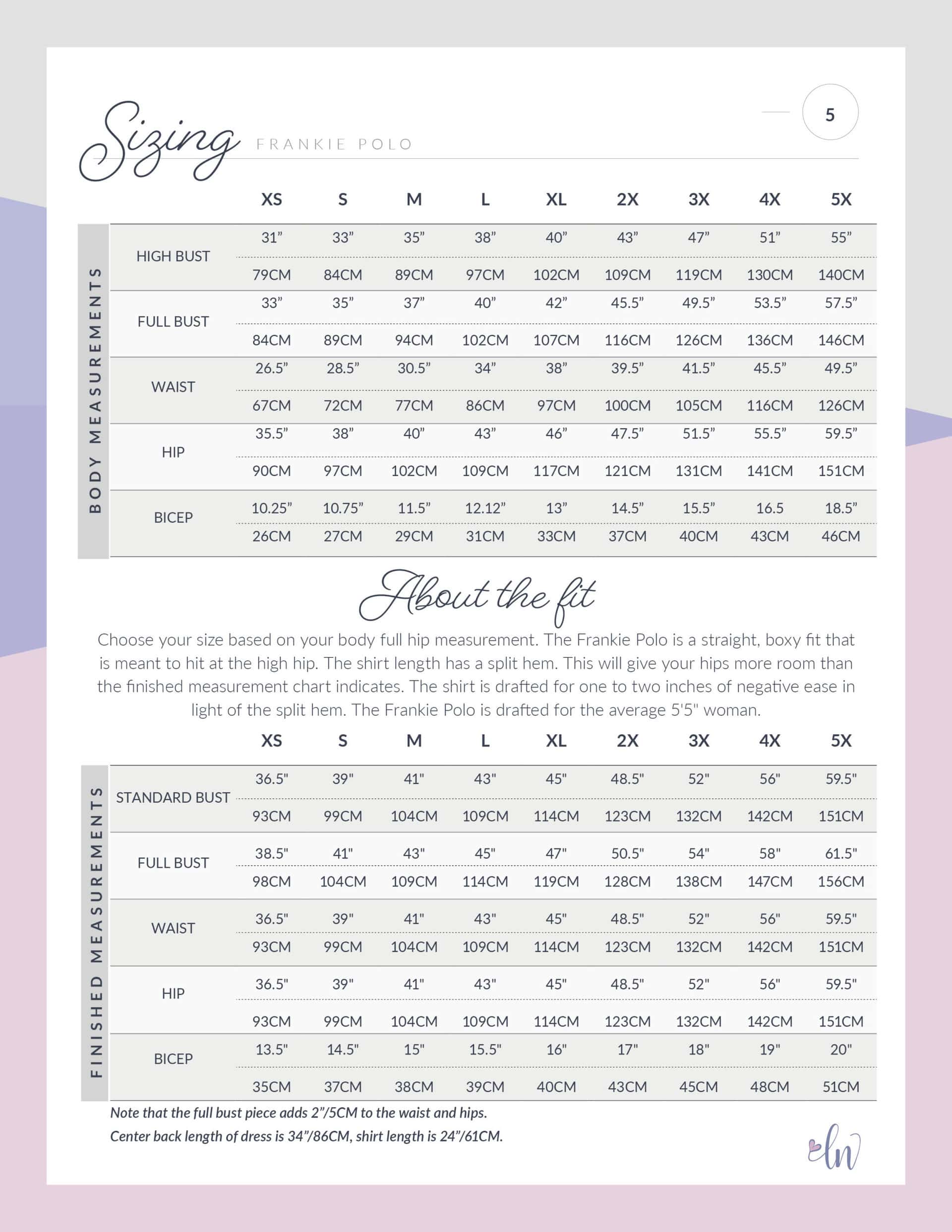 Frankie Polo pdf sewing pattern size chart