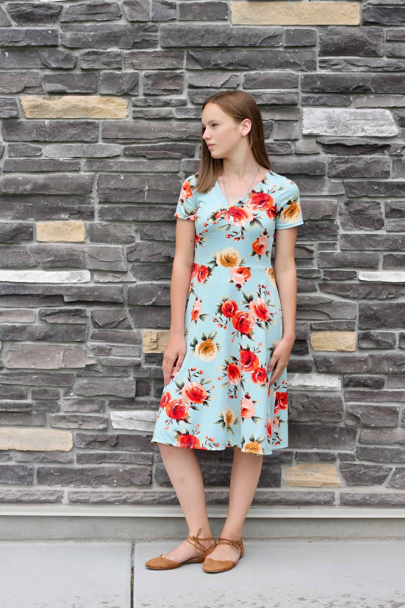 Wrap dress sewing pattern meant for knit fabrics by Love Notions.