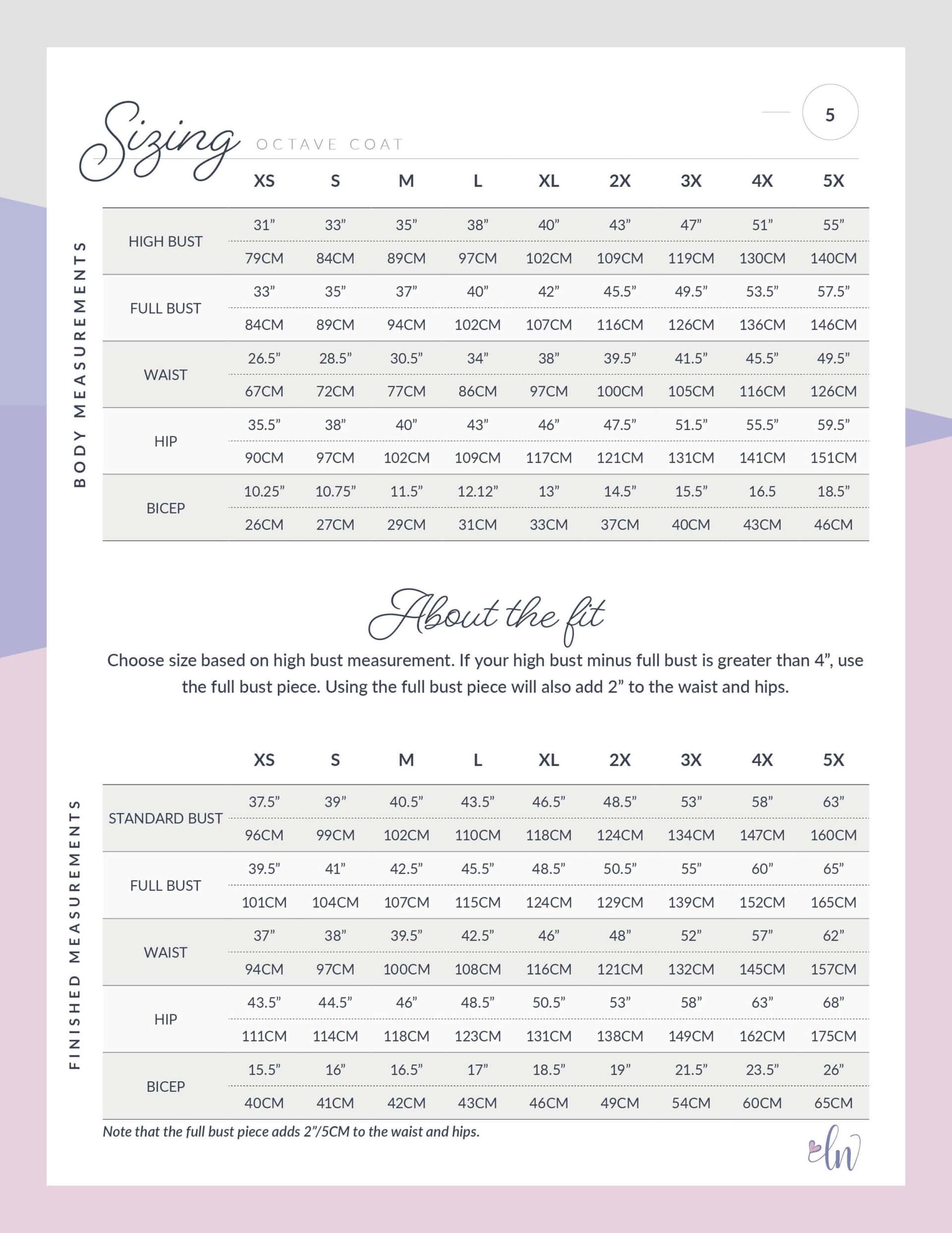 Octave Coat size chart