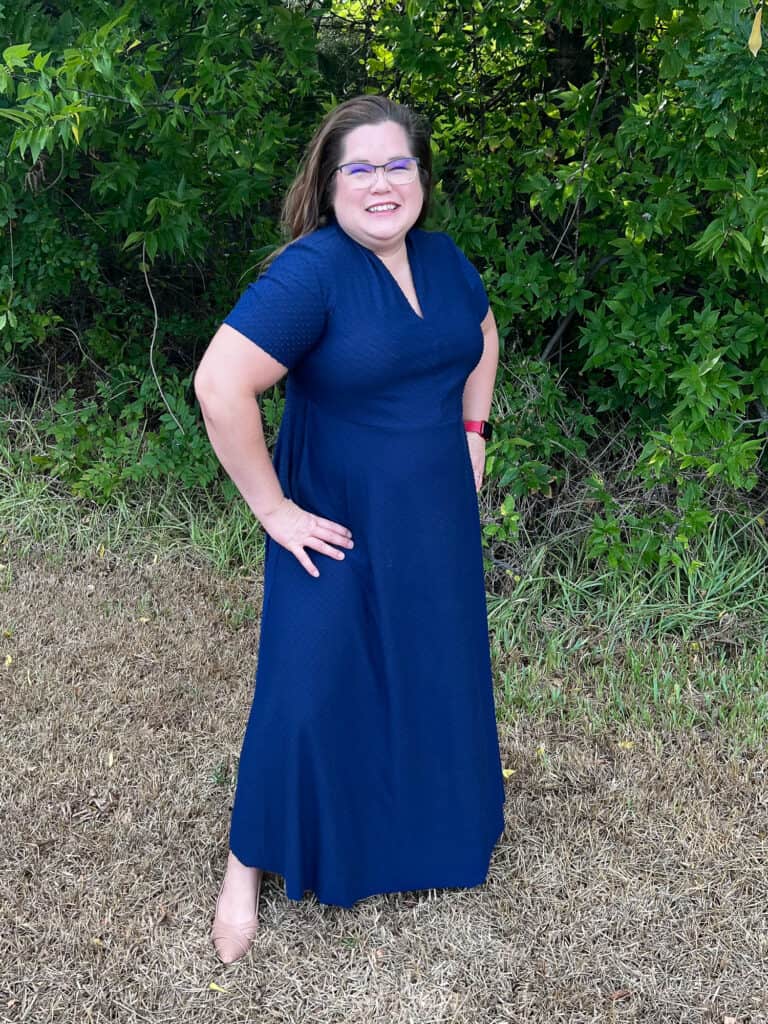 Shawl collar dress sewing pattern by Love Notions.