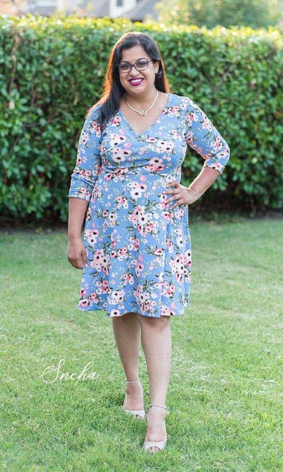 Wrap dress sewing pattern meant for knit fabrics by Love Notions.