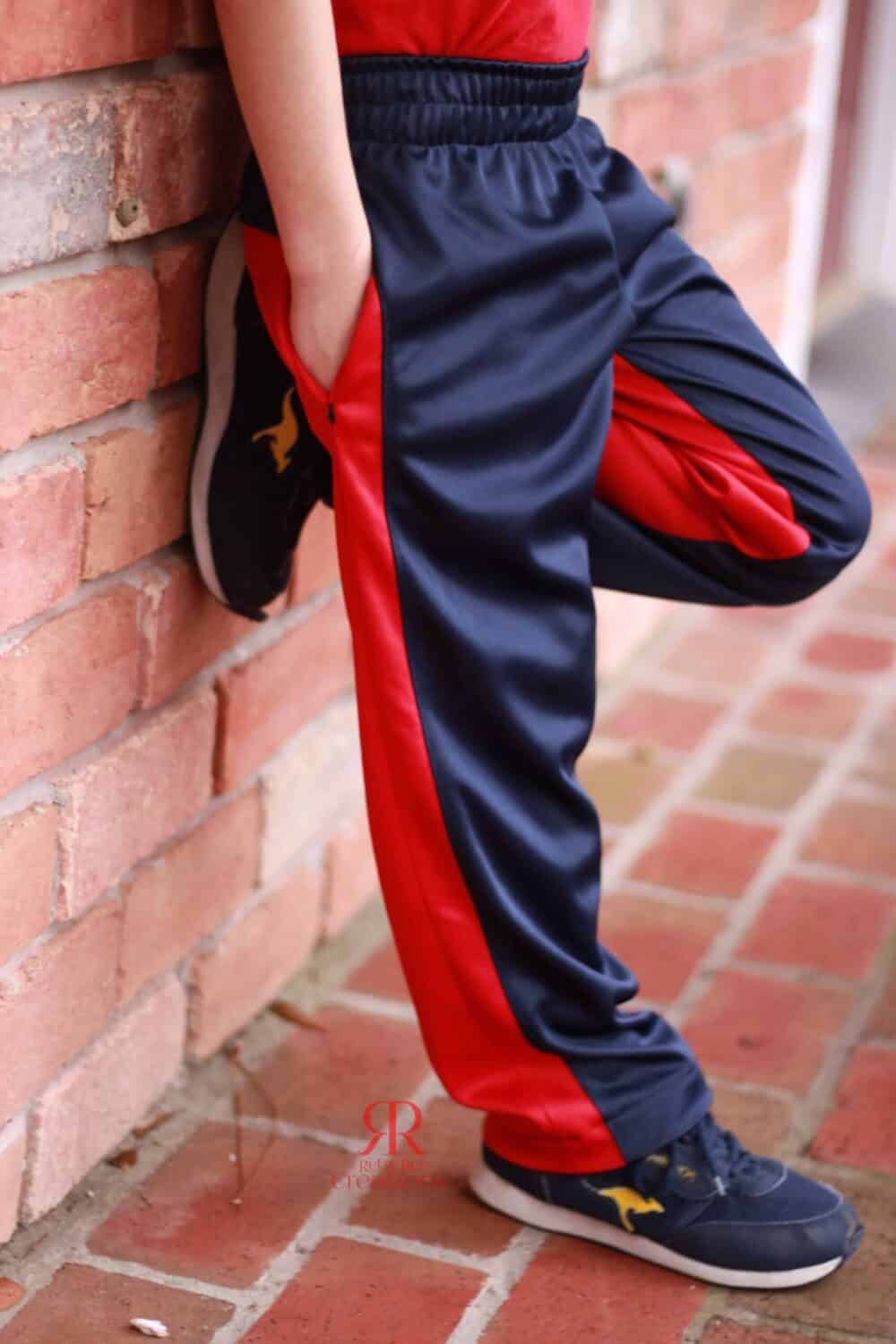 Track pants pdf sewing pattern for boys and girls by Love Notions.