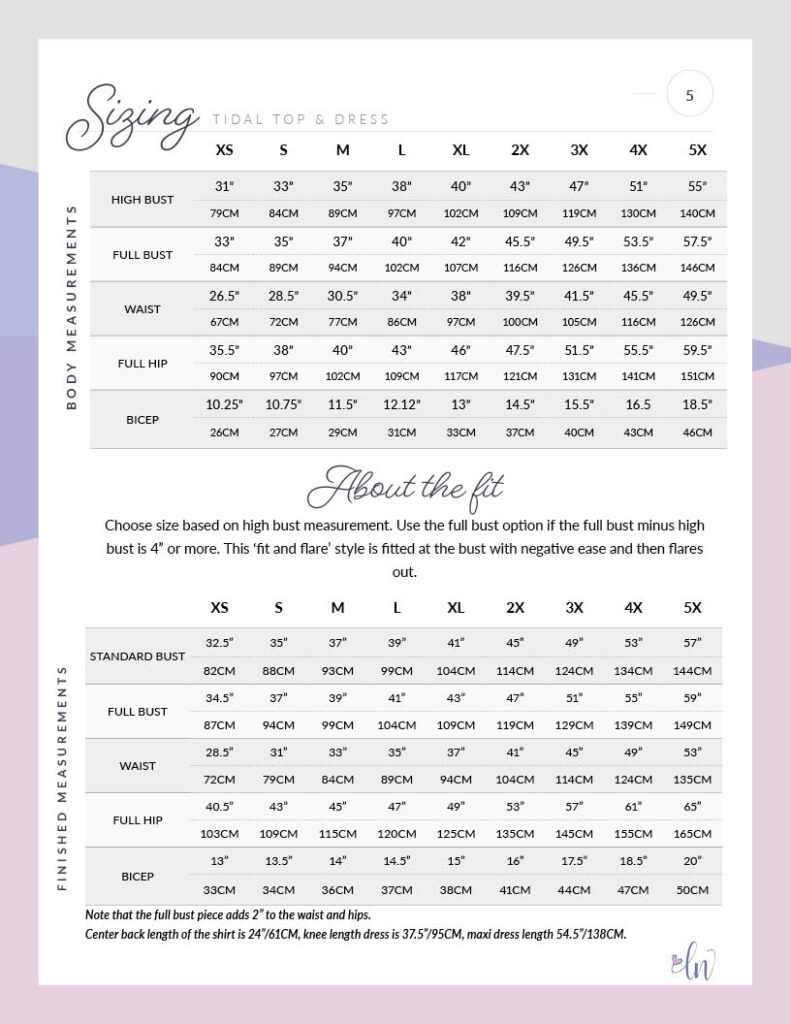 Tidal Top & Dress size chart