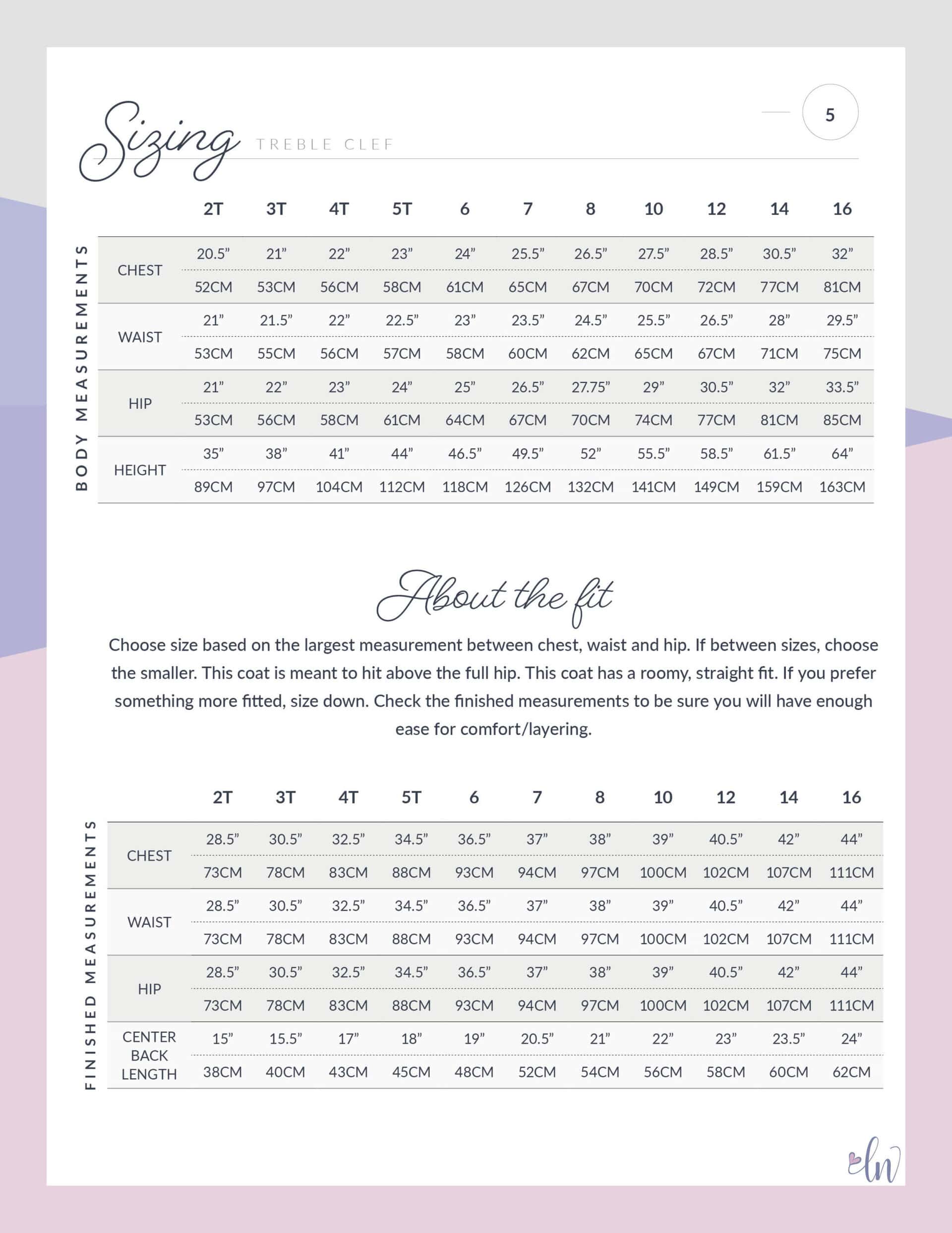 Treble Clef size chart