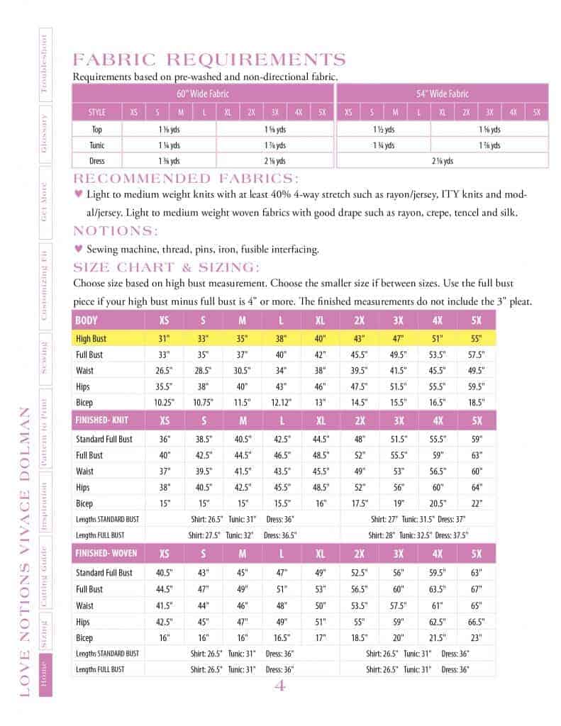 Vivace Dolman size chart