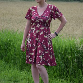 Wrap dress sewing pattern meant for knit fabrics by Love Notions.