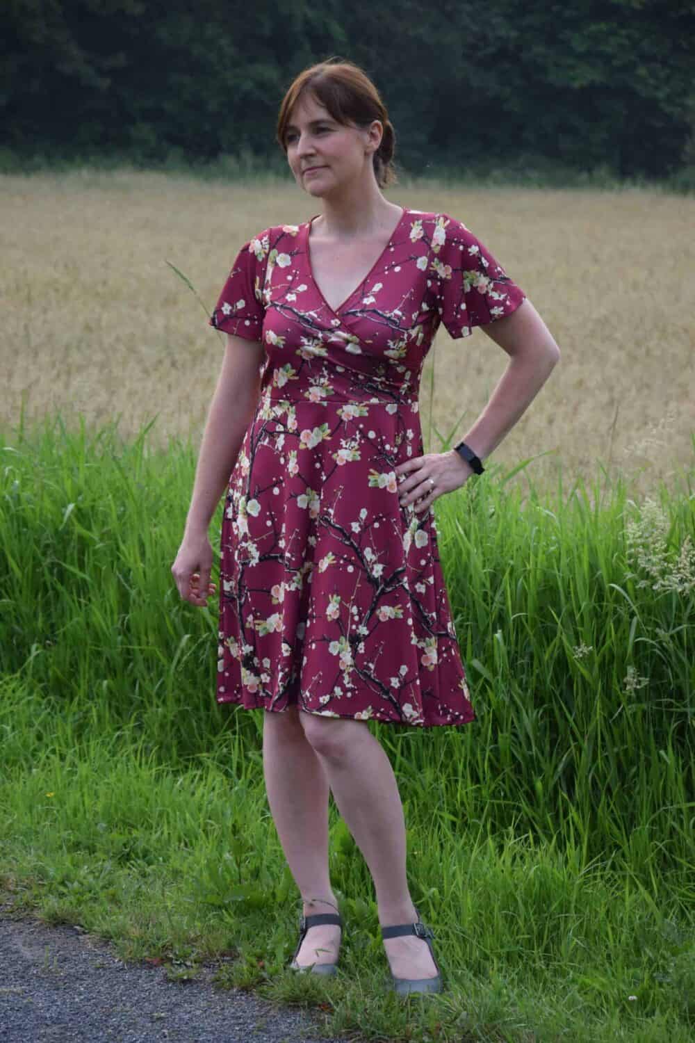 Wrap dress sewing pattern meant for knit fabrics by Love Notions.