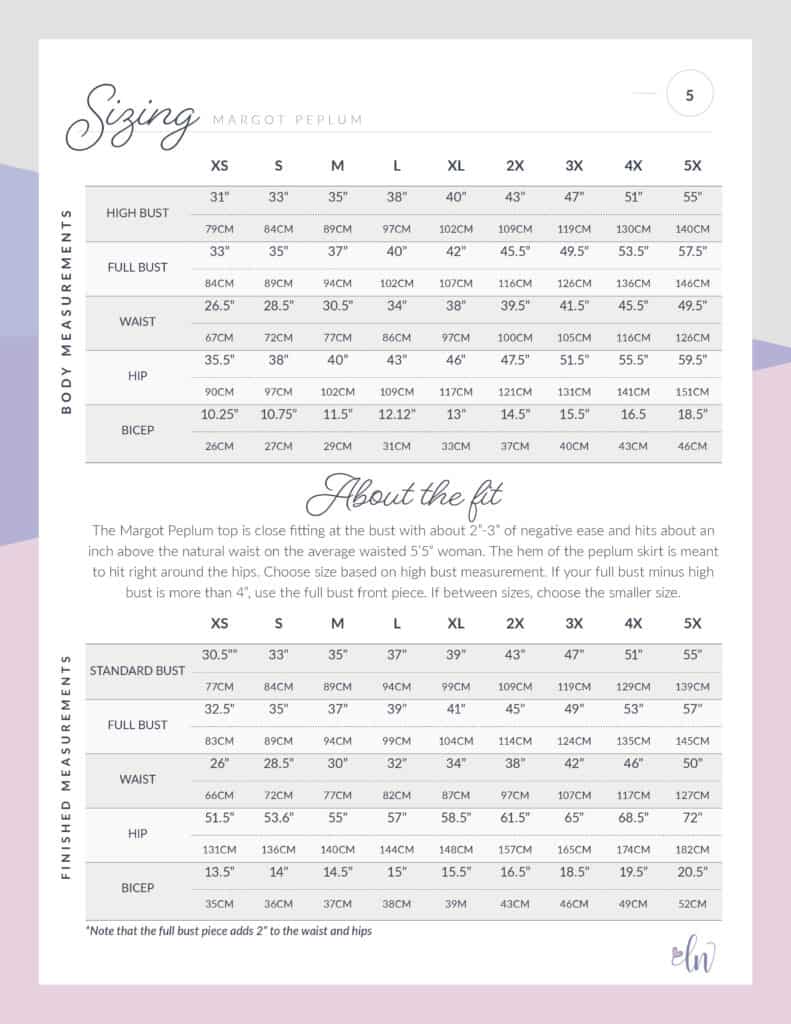 margot size chart