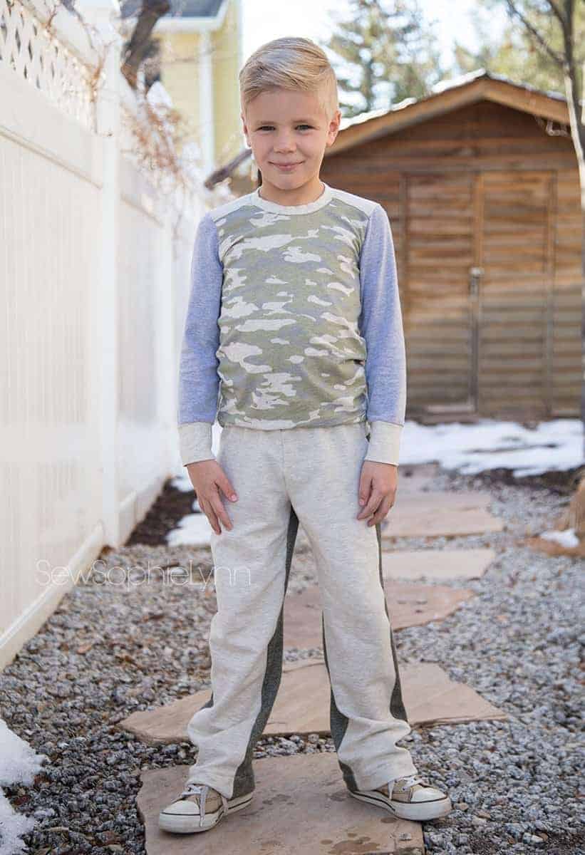 Track pants pdf sewing pattern for boys and girls by Love Notions.