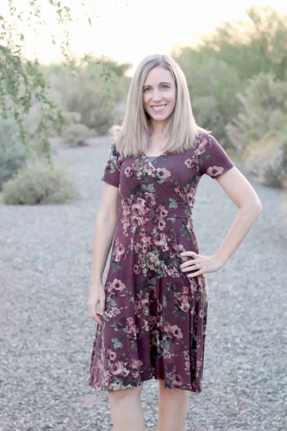 Wrap dress sewing pattern meant for knit fabrics by Love Notions.